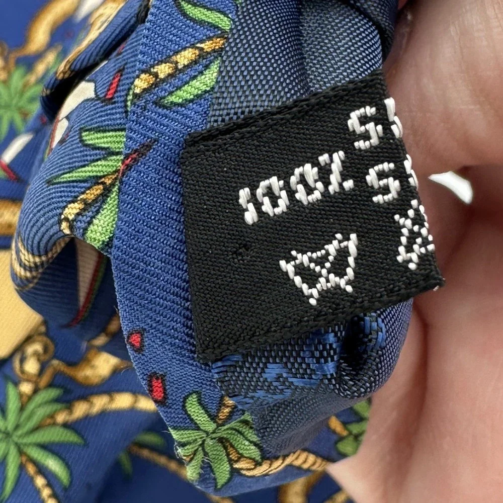 Salvatore Ferragamo Mens Silk Tie Blue Nautical Palm Tree Sailboat Made in Italy